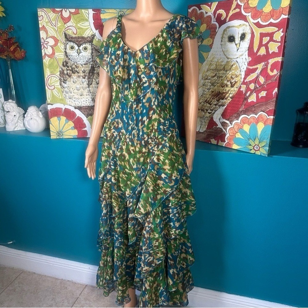 Robbie Bee Maxi Dress Women's Size 8 Ruffle Green Blue Abstract Print Tiered - Picture 7 of 12